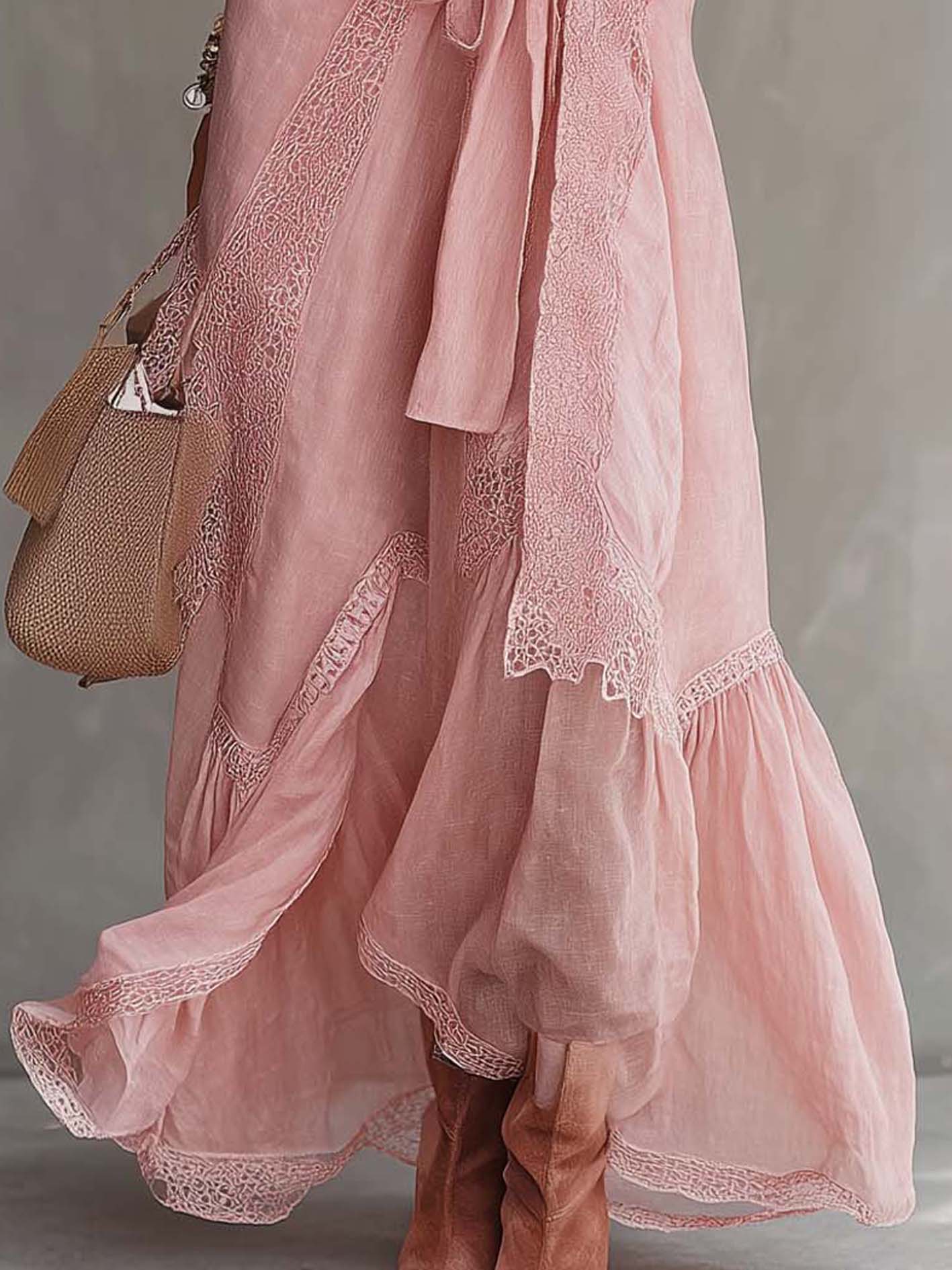Pink Cotton Linen Patchwork Lace Trim V-Neck Sleeveless Maxi Dress