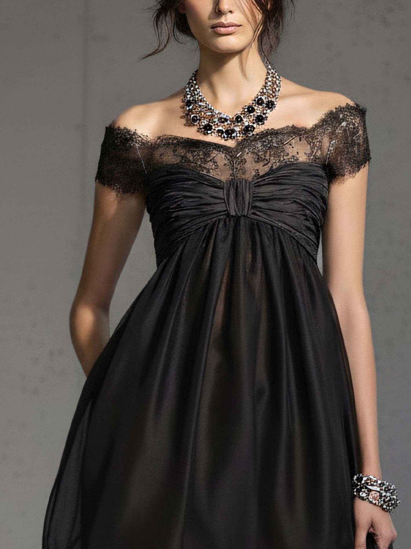 Black Off Shoulder Lace Trim Chiffon Mini Dress With Front Twist Detailing