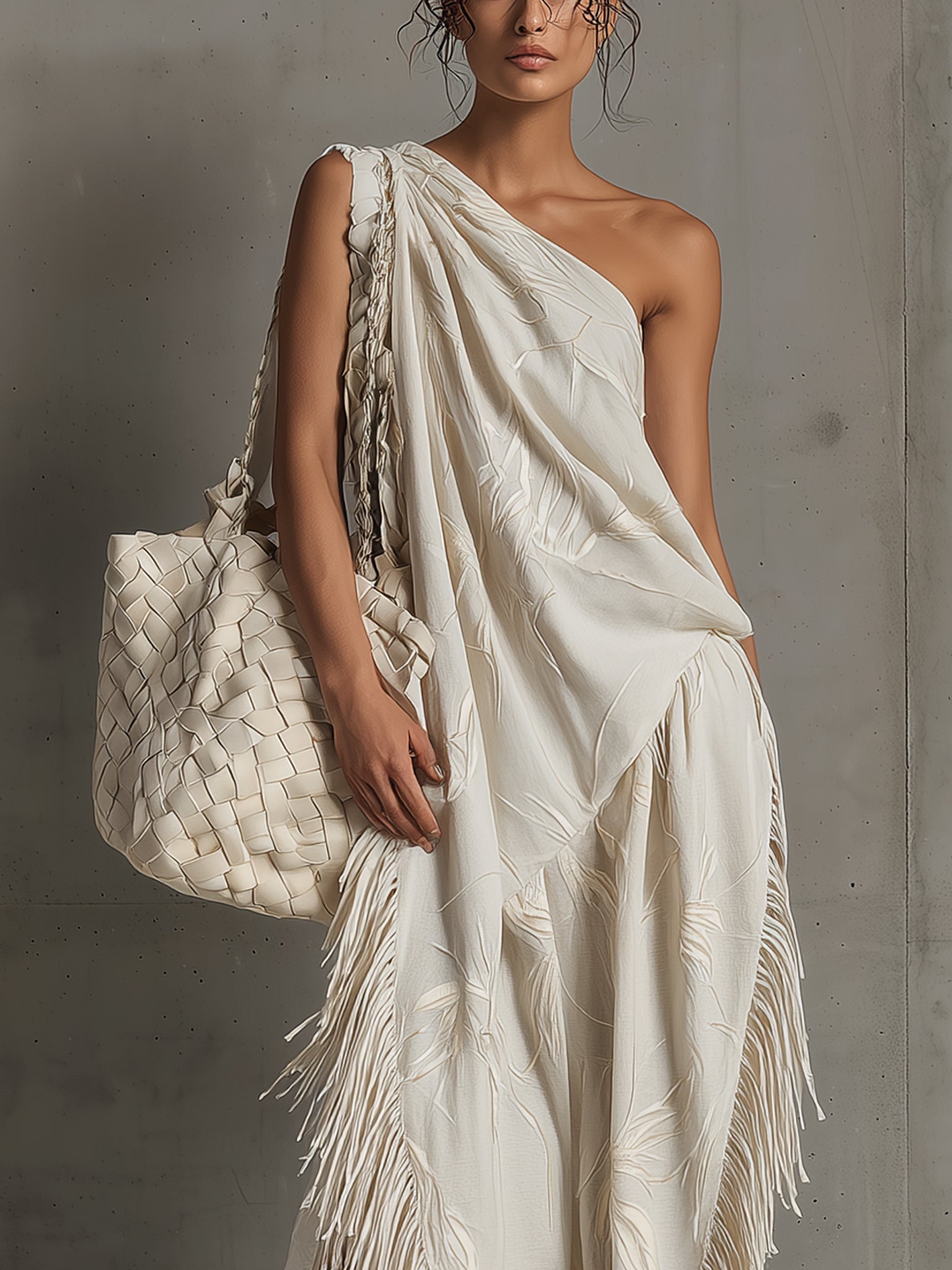 White Asymmetrical Fringe Maxi Dress