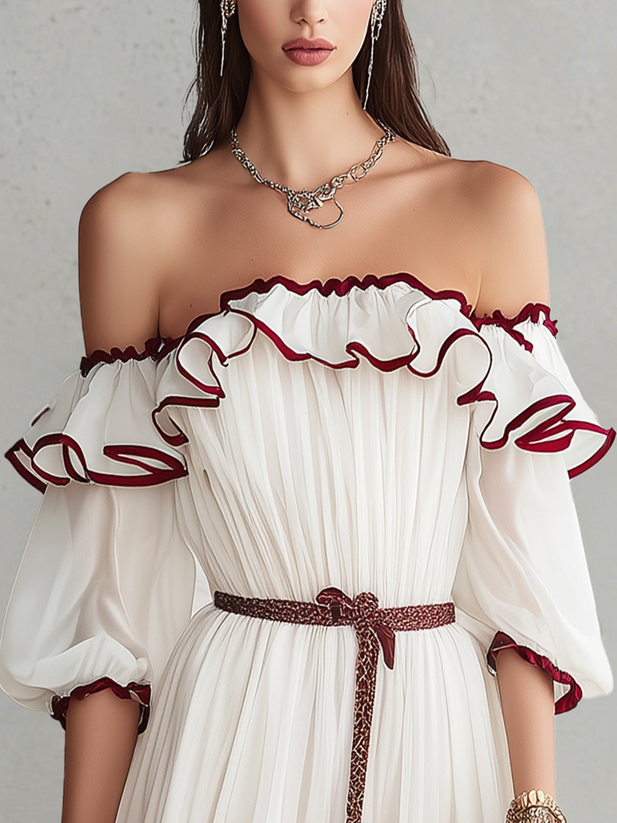 White Off-Shoulder Ruffle Trim Belted Chiffon Mini Dress
