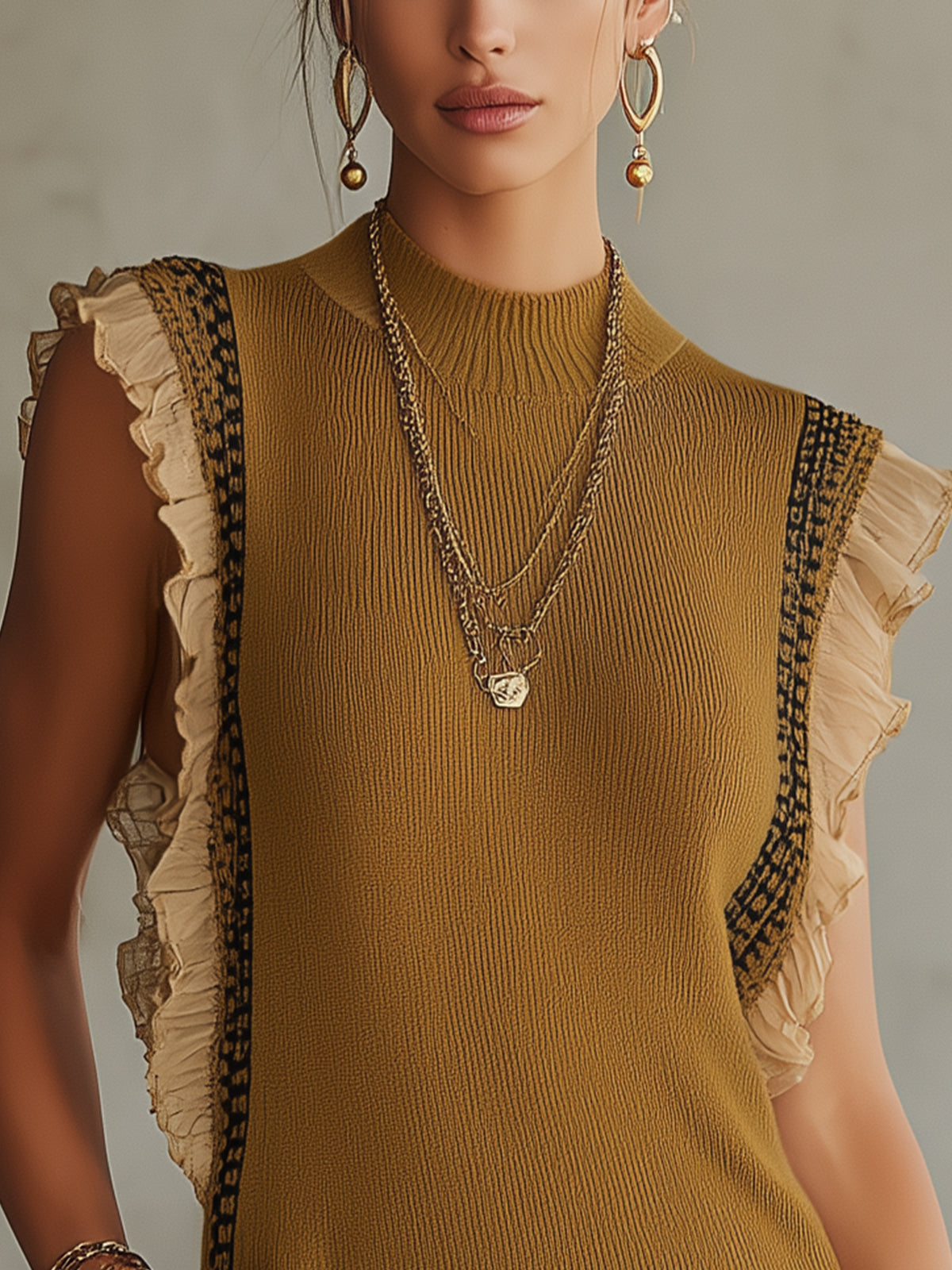 Yellow Ruffle Trim High-Neck Knit Mini Dress
