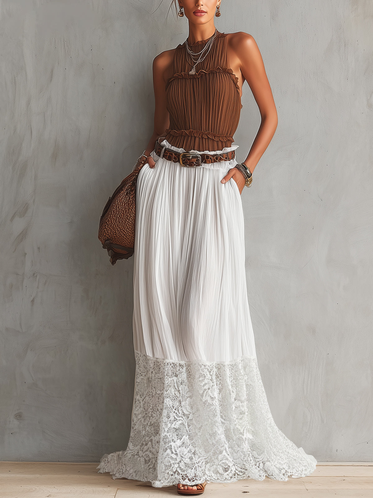Brown Pleated Halter Top And White Lace-Panel Maxi Skirt Set