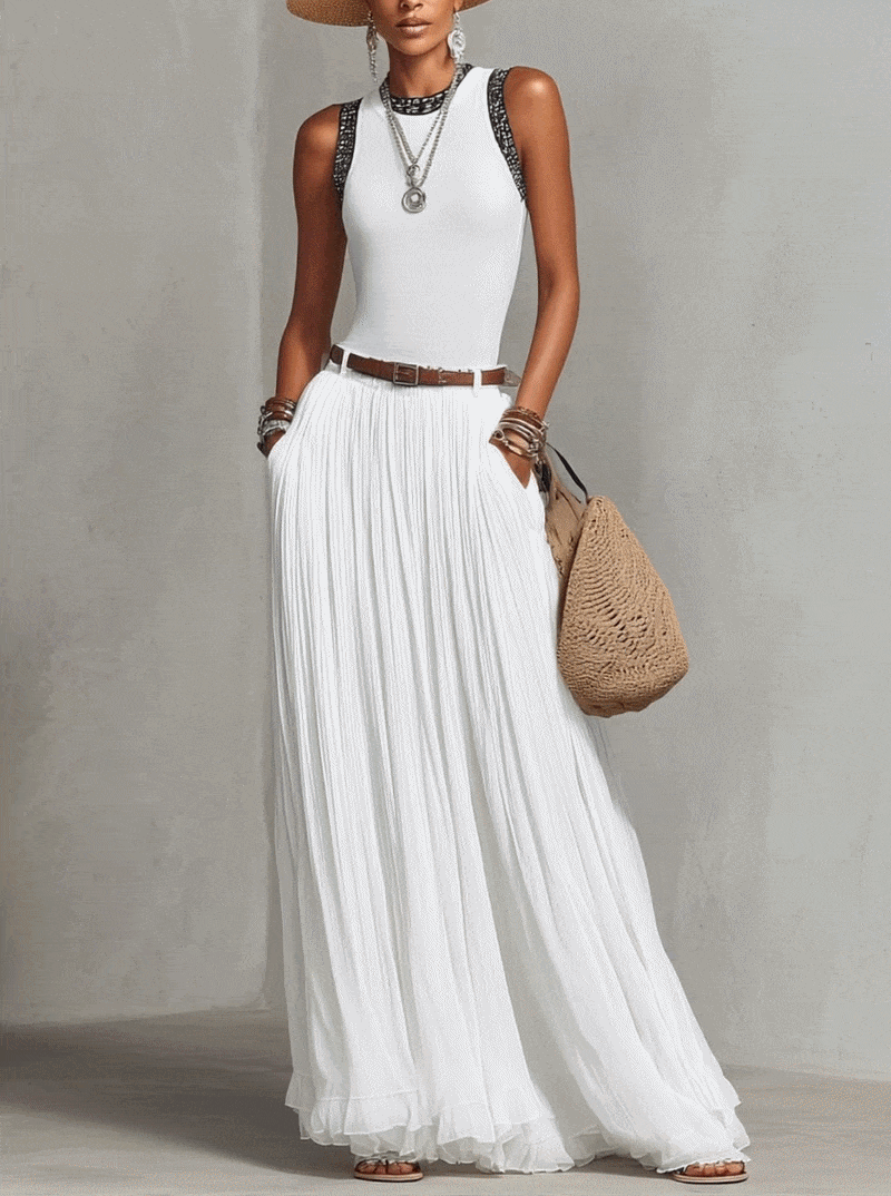 White Pleated Lace Shoulder Two-Piece Maxi Set