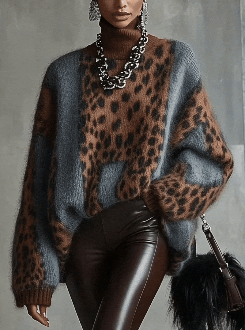 Elegancki sweter z golfem w modny wzór panterki