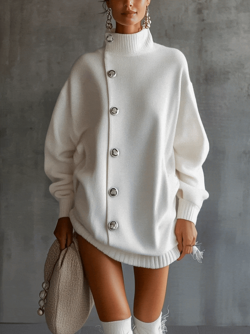 Biały Oversized Sweter Sukienka z Zapięciem na Guziki
