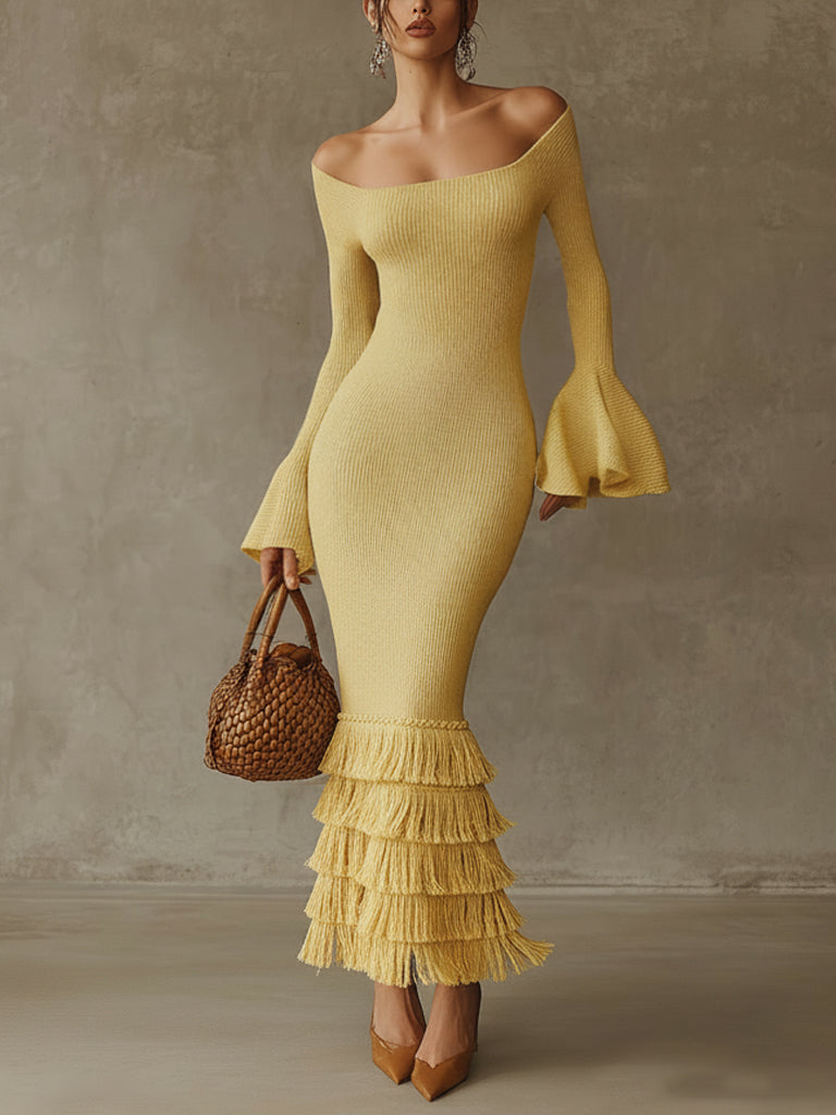 Yellow Off Shoulder Fringe Lightweight Knit Bodycon Dress