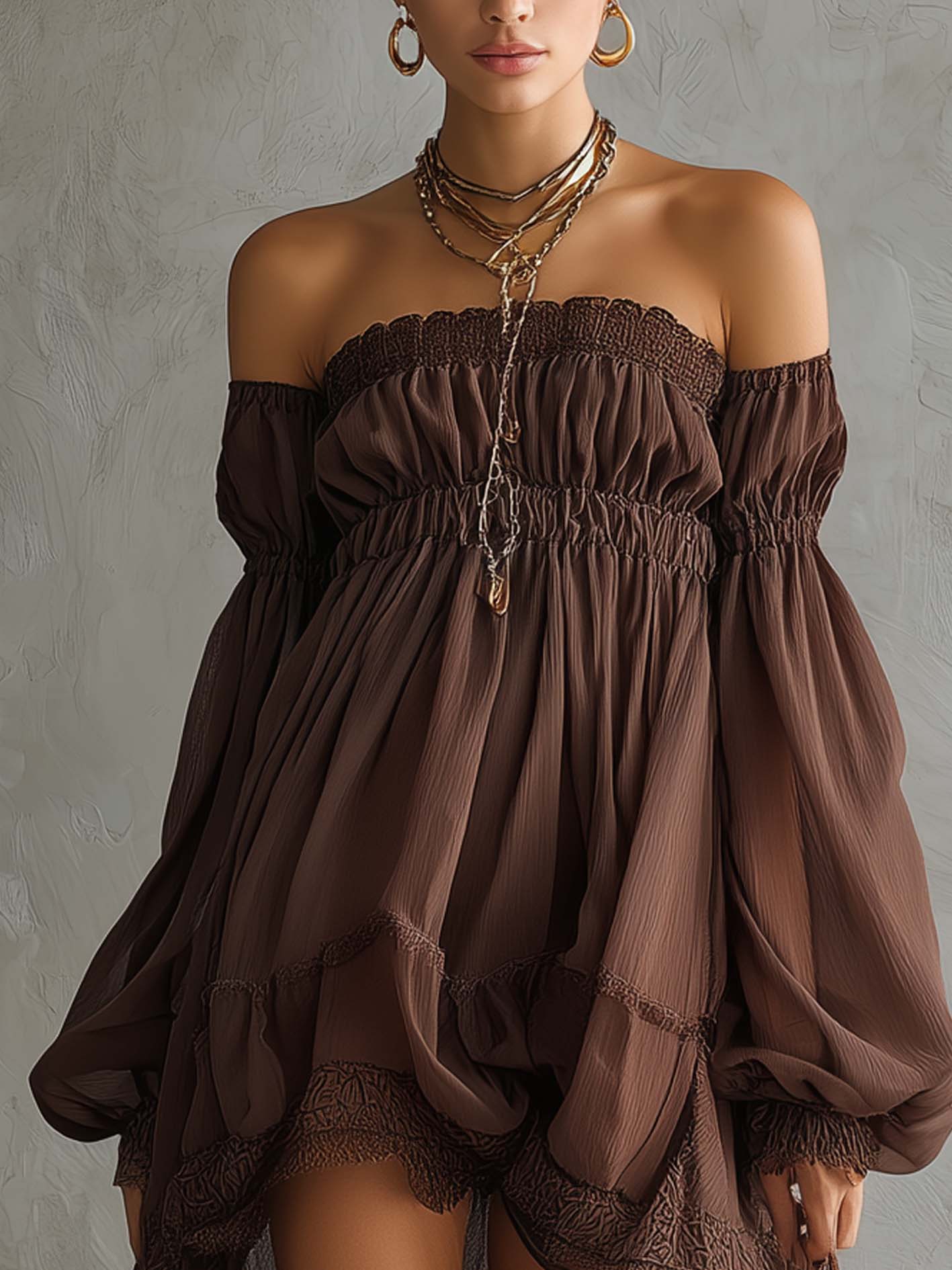 Brown Off Shoulder Lace Chiffon Mini Dress