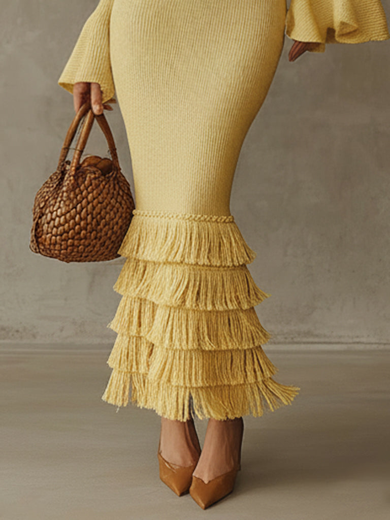 Yellow Off Shoulder Fringe Lightweight Knit Bodycon Dress