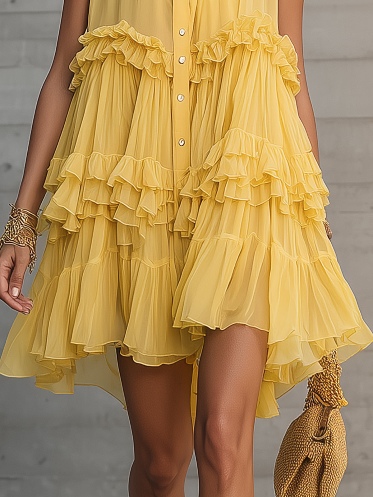 Yellow Sleeveless Ruffled Pleated Tiered Chiffon Mini Dress